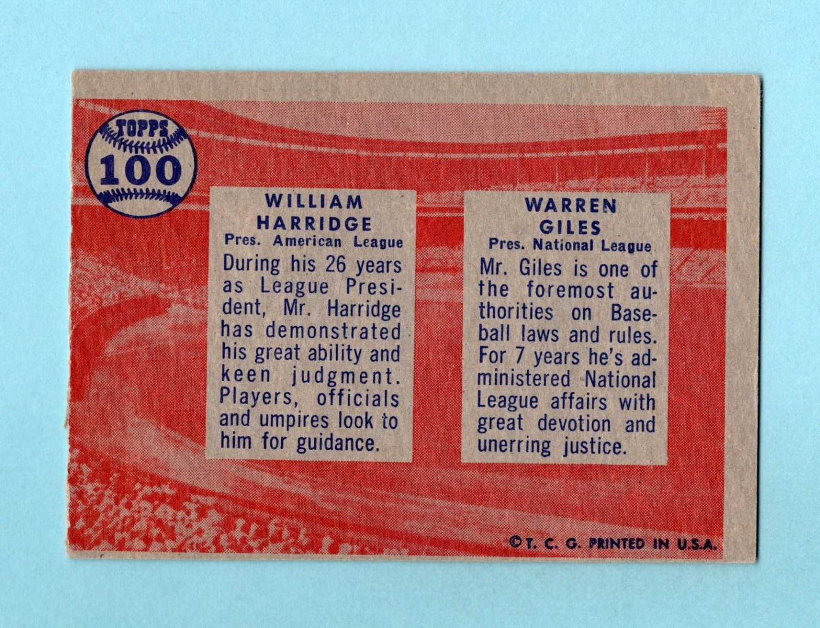 1957 Topps #100 William Harridge, Warren Giles Presidents Baseball Card EX