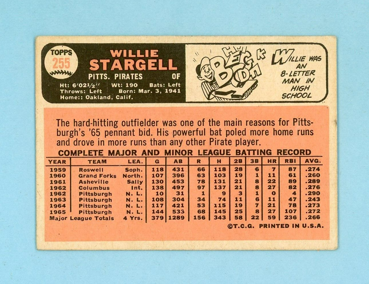 1966 Topps #255 Willie Stargell Pittsburgh Pirates Baseball Card Low Grade