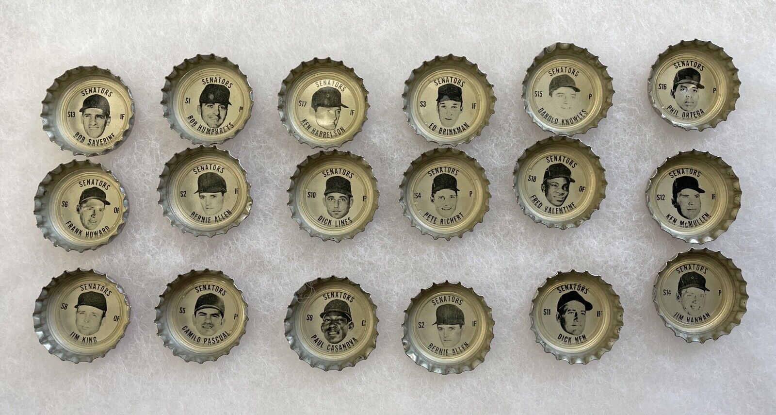 1968 Washington Senators Complete Coke Caps Set of 18 • Scarce Tough Regional