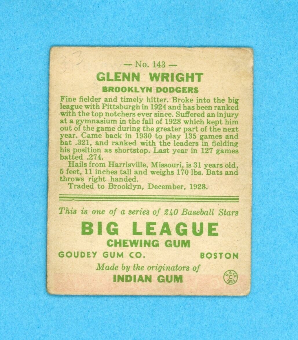 1933 Goudey #143 Glenn Wright Brooklyn Dodgers Baseball Card Low Grade pm bk