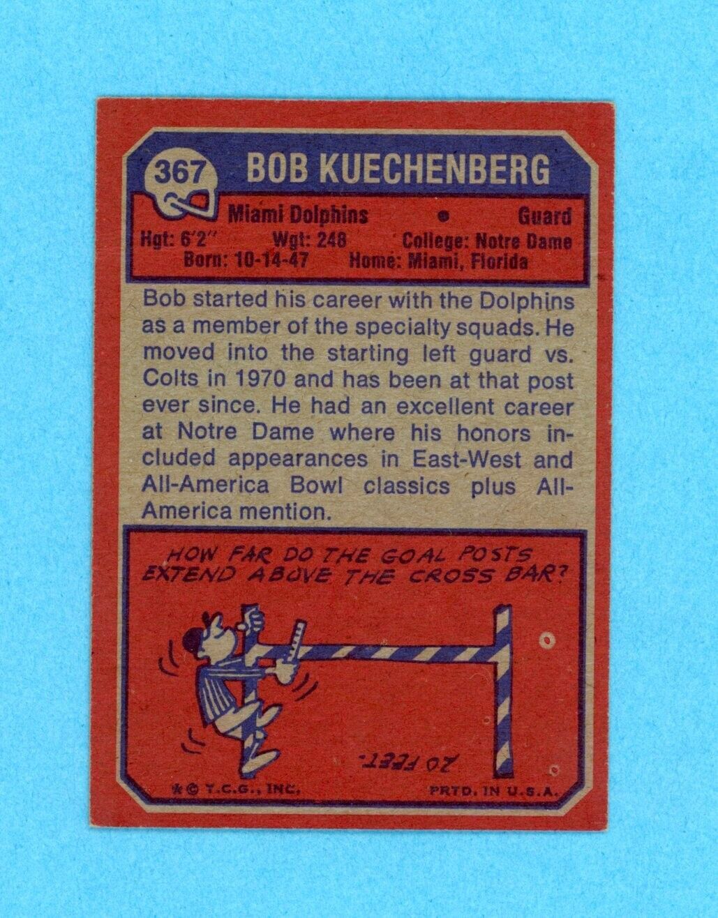 Bob Kuechenberg Miami Dolphins Rookie 1973 Topps #367 Autographed Football Card