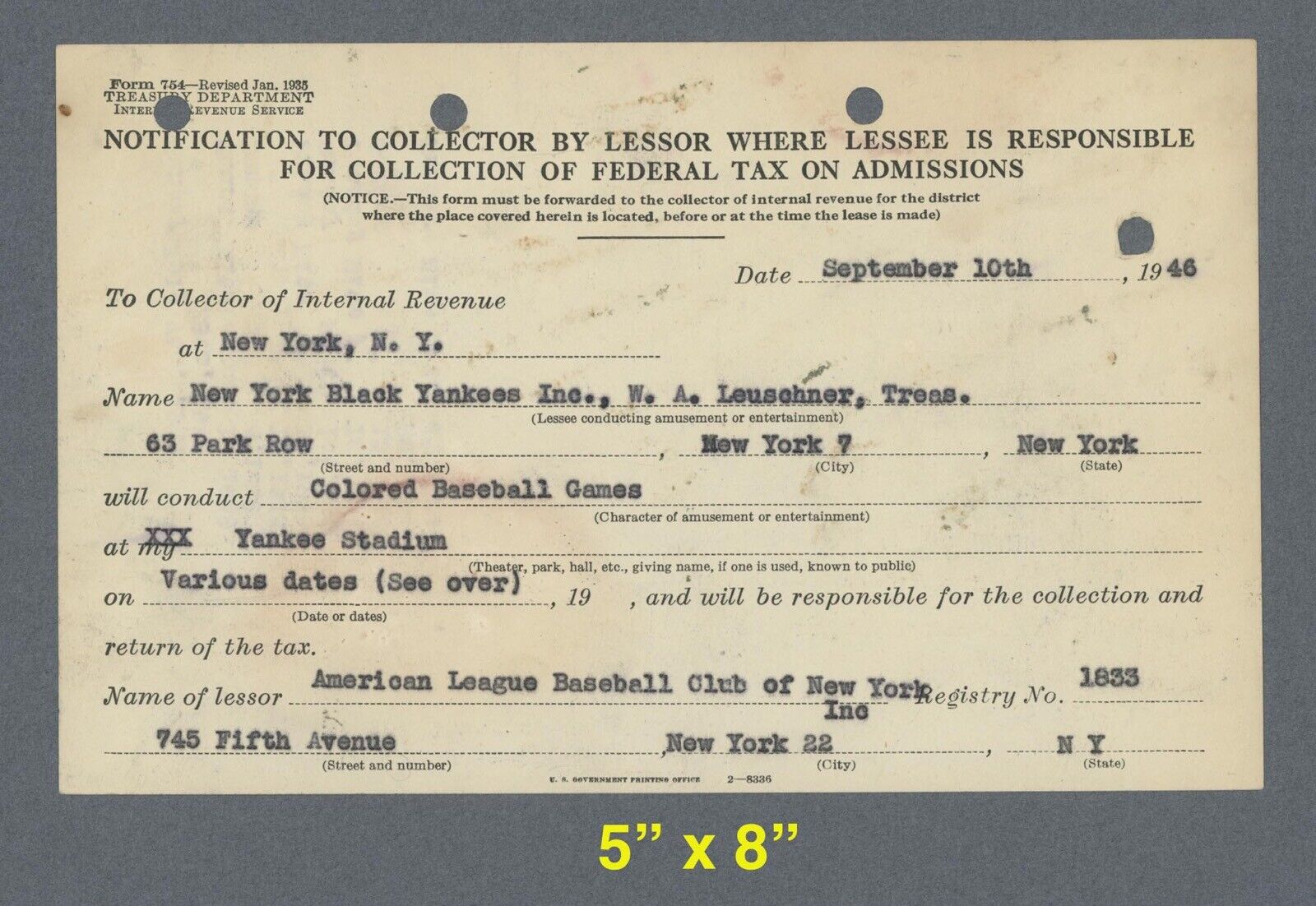 September 10, 1946 NY Black Yankees “Colored Baseball Games” Collect Taxes doc