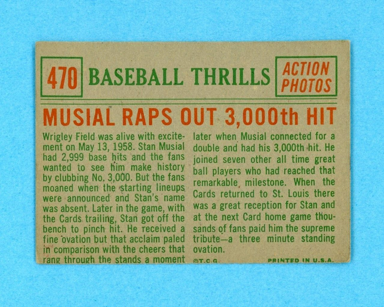 1959 Topps #470 Baseball Thrills Stan Musial St Louis Baseball Card E+-EM o/c