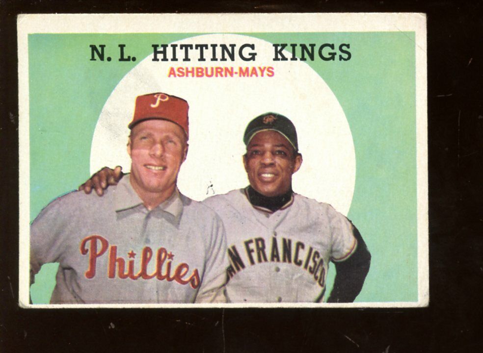 1959 Topps Baseball Card #317 NL Hitting Kings Willie Mays & Richie Ashburn