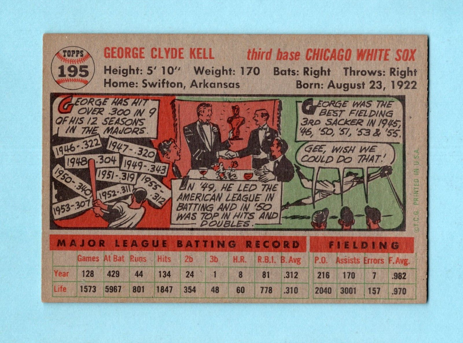 1956 Topps #195 George Kell Chicago White Sox Baseball Card EX+ - Ex/Mt o/c