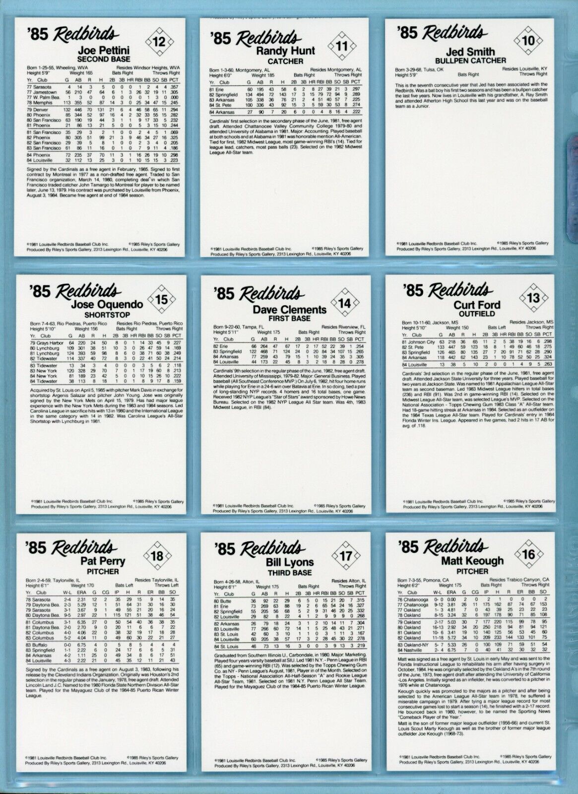 1985 Riley's Louisville Red Birds Near Set (28 of 30) Baseball Cards NM