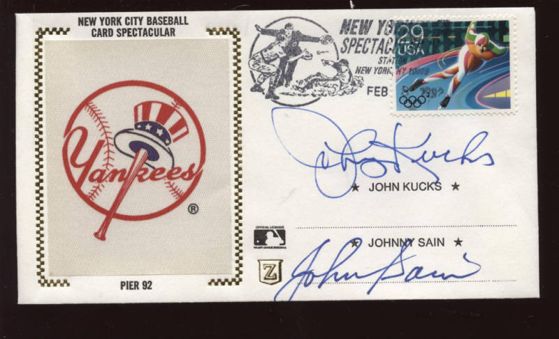 1992 Johnny Kucks & John Sain DUAL SIGNED New York Yankees Z Envelope / Cachet