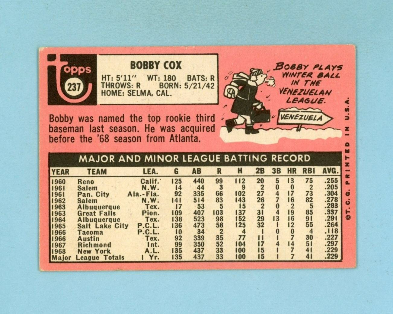 1969 Topps #237 Bobby Cox New York Yankees Rookie Baseball Card EX