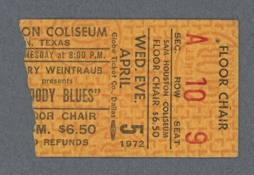 4/5/72 • Moody Blues • Houston TX Concert Ticket Stub • Seat 9