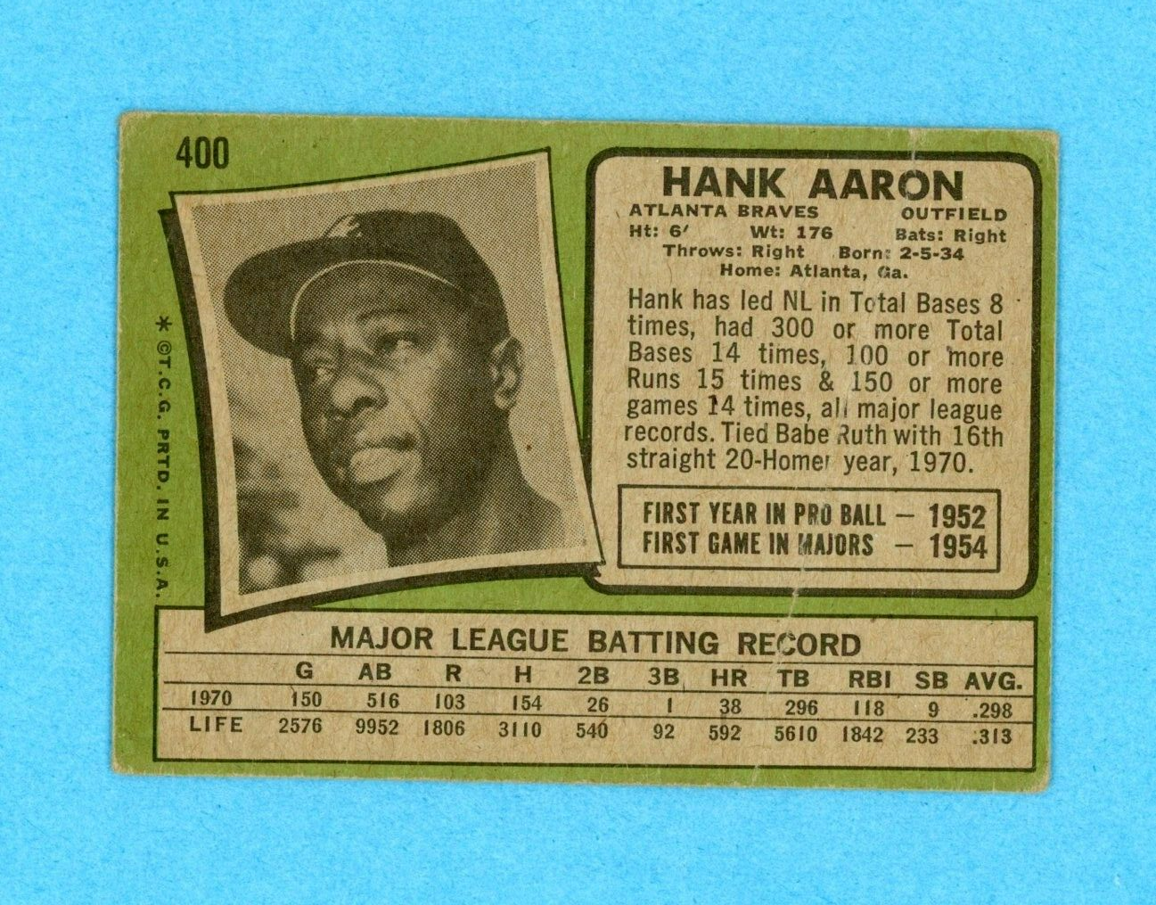 1971 Topps #400 Hank Aaron Atlanta Braves Baseball Card Low Grade