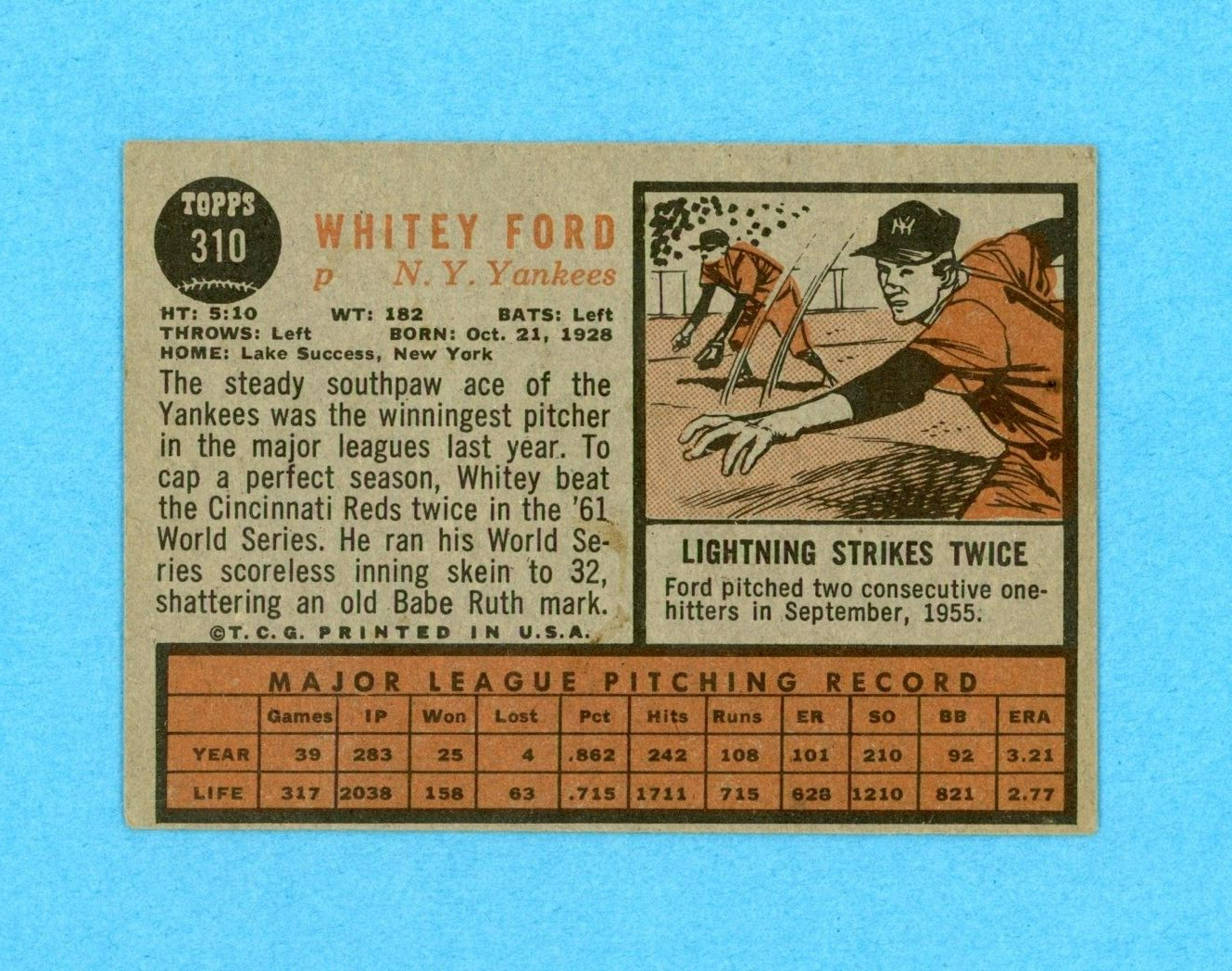 1962 Topps #310 Whitey Ford New York Yankees Baseball Card Vg/Ex o/c