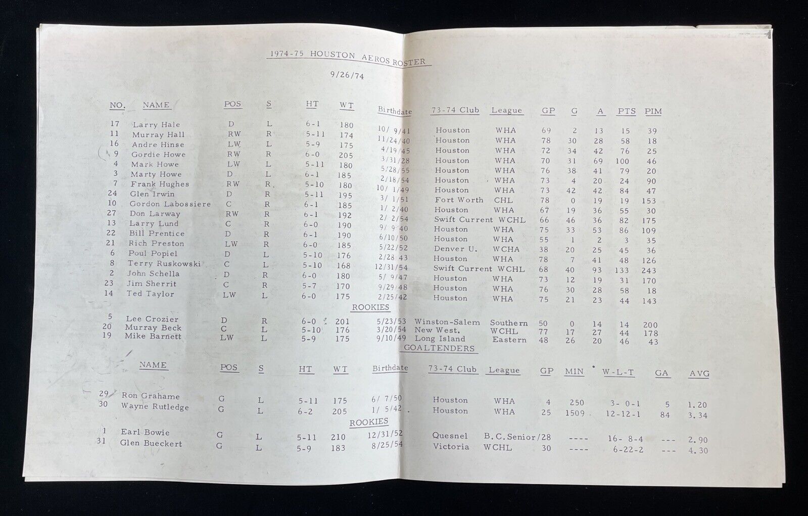 9/26/74 WHA • 1st Interleague Game WHA vs NHL • Houston Aeros vs St. Louis Blues