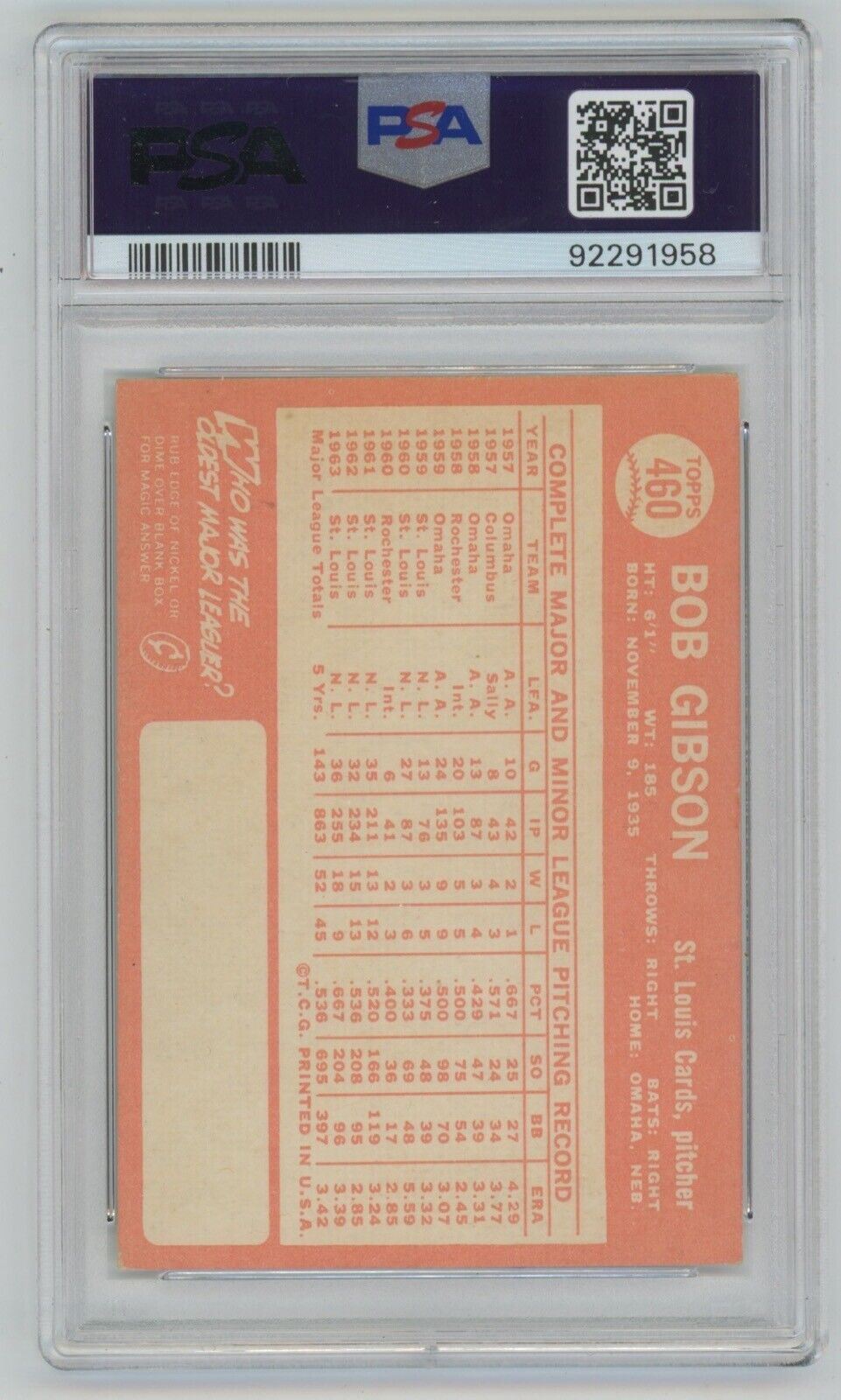 Bob Gibson 1964 Topps Card #460 • PSA 4 VG-EX