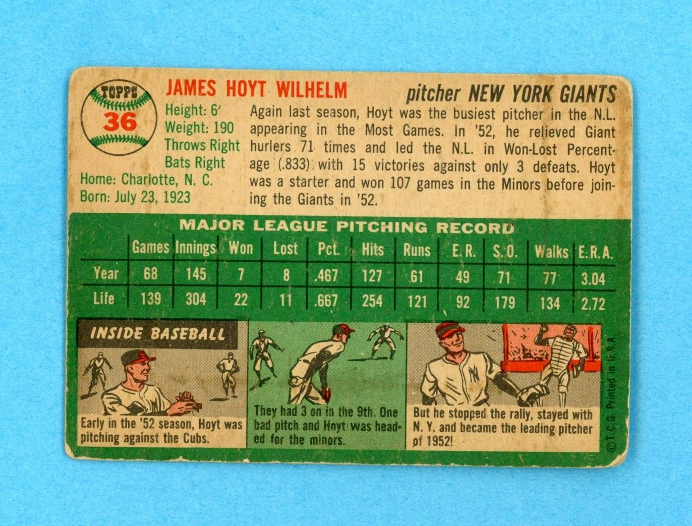 1954 Topps #36 Hoyt Wilhelm New York Giants Baseball Card G - VG