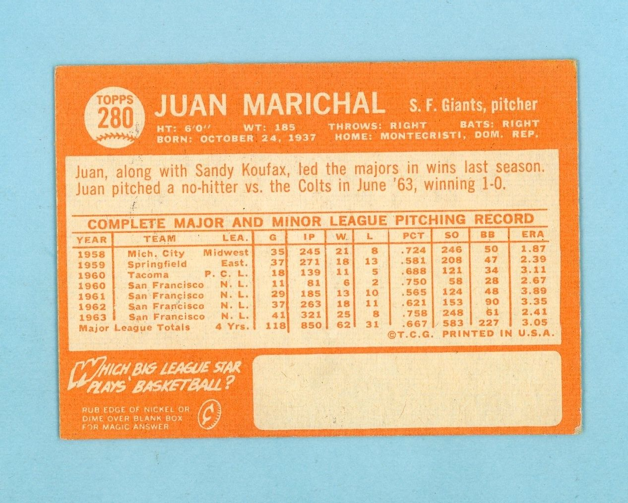 1964 Topps #280 Juan Marichal San Francisco Giants Baseball Card EX - EX+ oc wrk