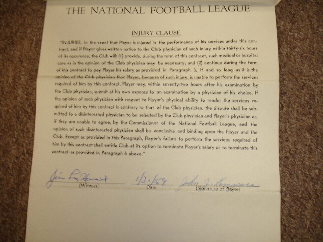 Bert Bell Wellington Mara John Kompara Multi Signed 1959 Giants NFL Contract JSA