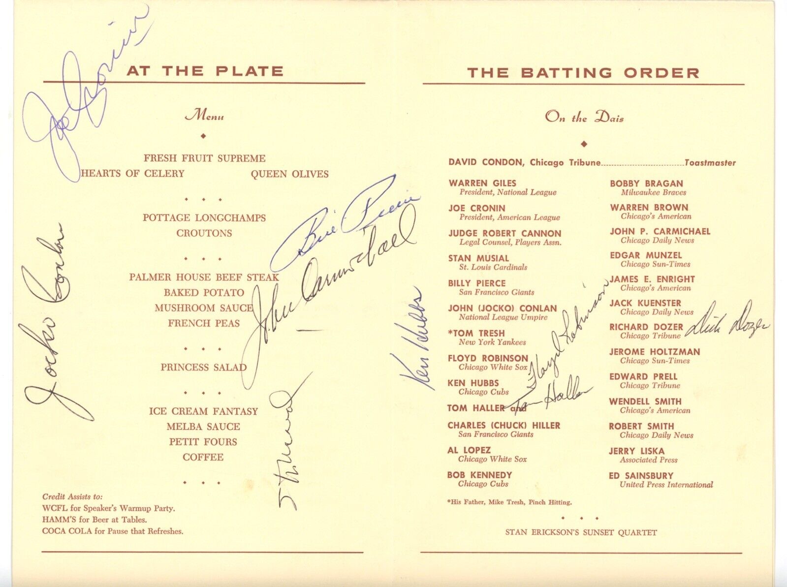 1/13/63 Ken Hubbs +8 Signed Chicago Diamond Dinner Program Autos w B&E
