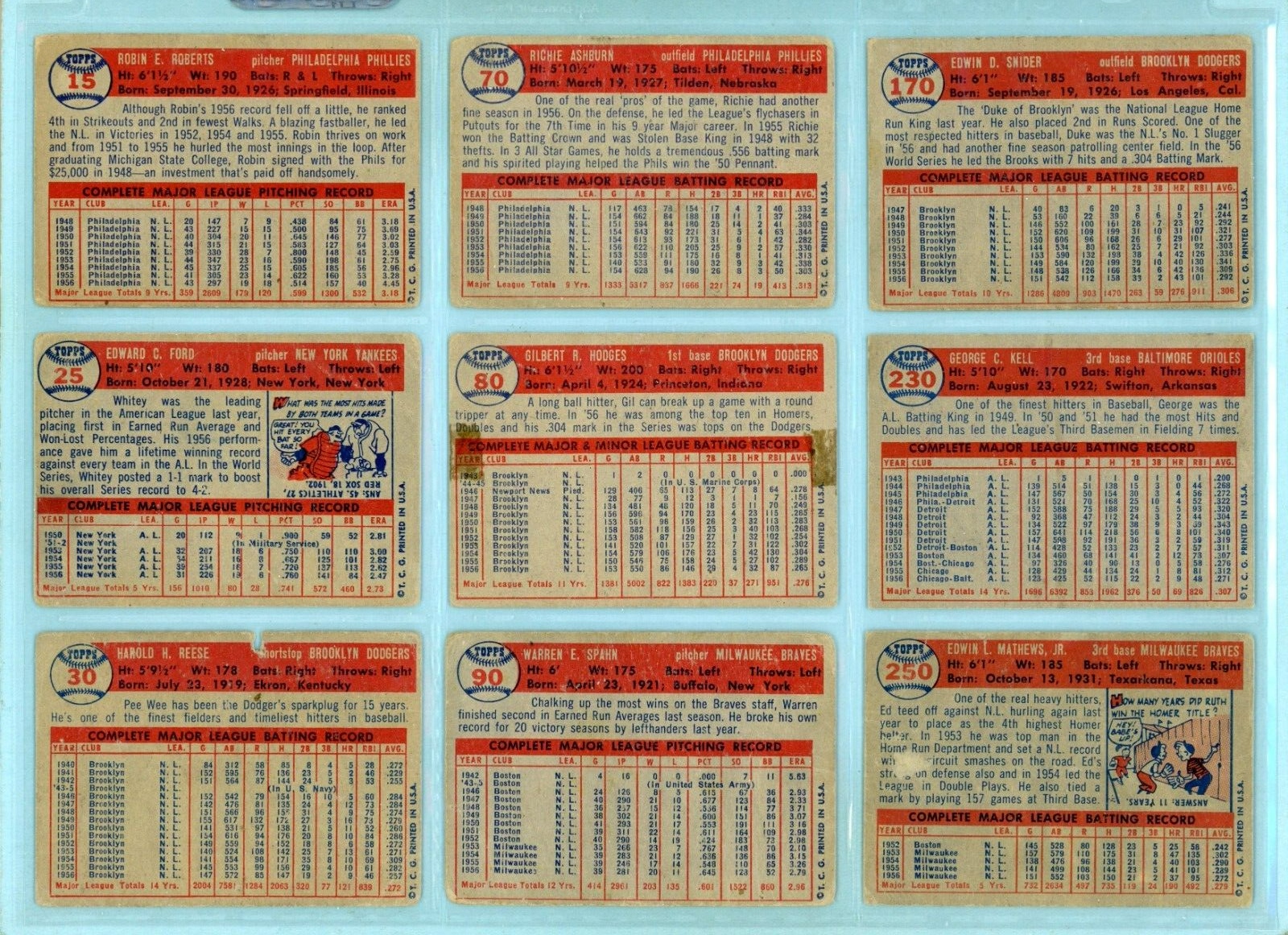 1957 Topps Lot of 9 Different Hall of Famer Baseball Cards Low Grade