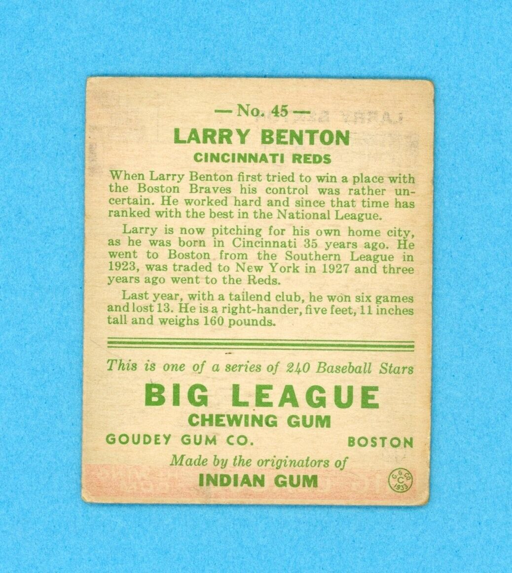 1933 Goudey #45 Larry Benton Cincinnati Reds Baseball Card Vg/Ex lht wrks bra