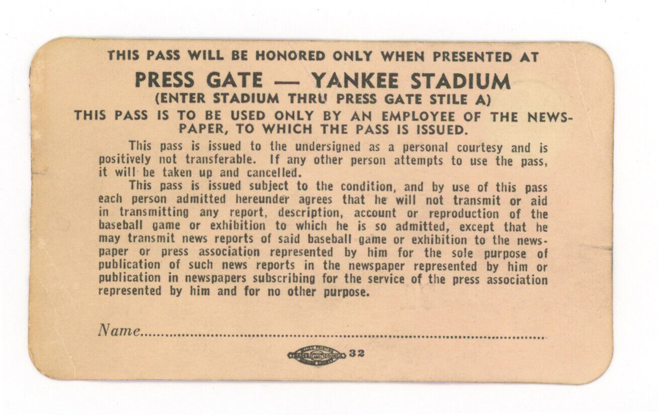 New York Yankees 1953 Working Press Pass • The Mirror Sports Dept.