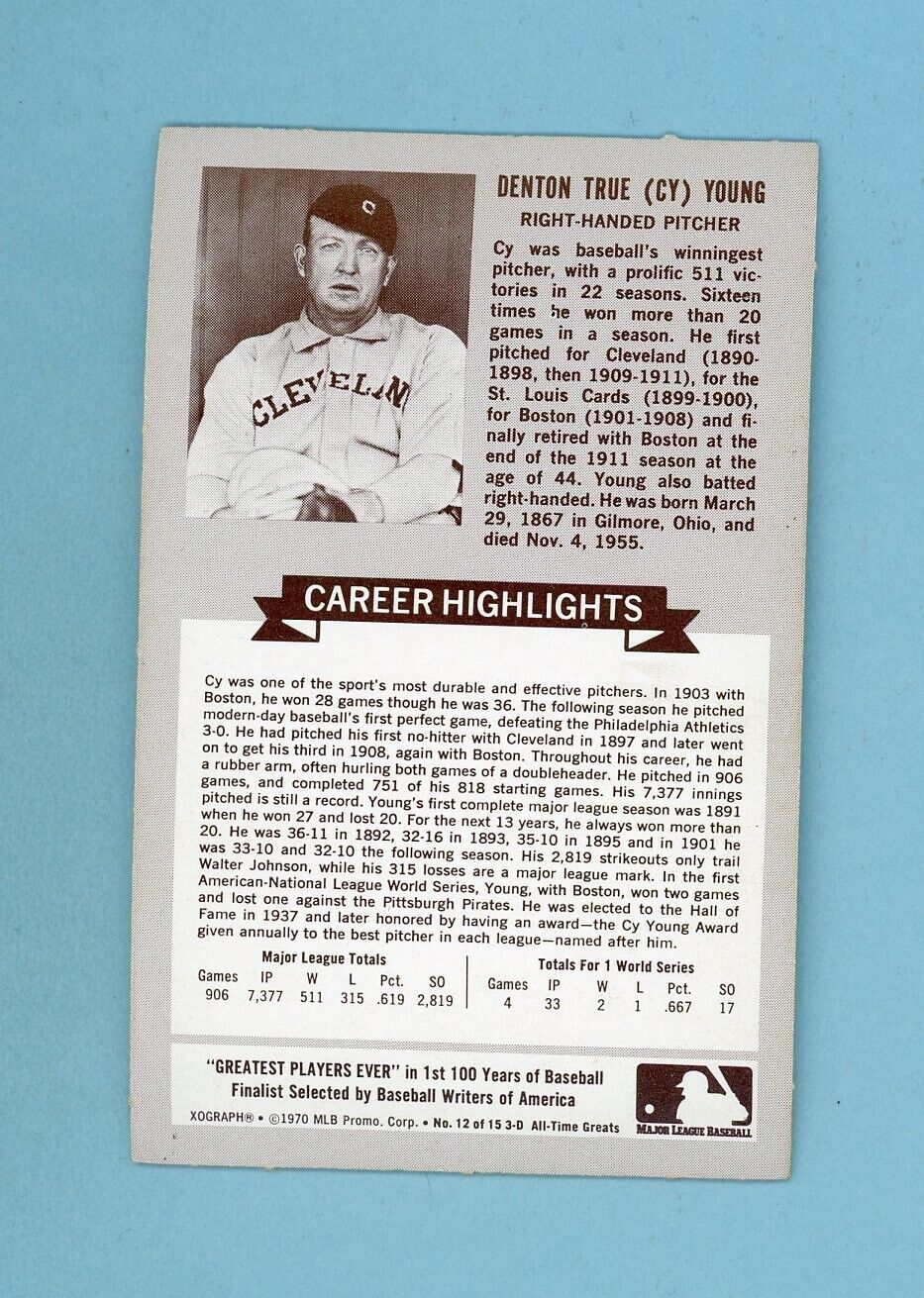 1970 Roll Gold Pretzels 3-D All-Time Greats #12 Cy Young Baseball Card