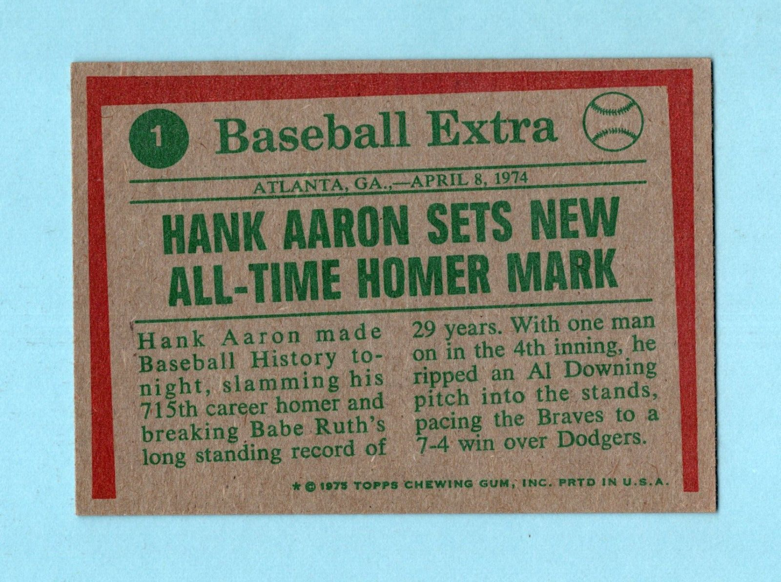 1975 Topps #1 Hank Aaron '74 Highlights Atlanta Braves Baseball Card EX+