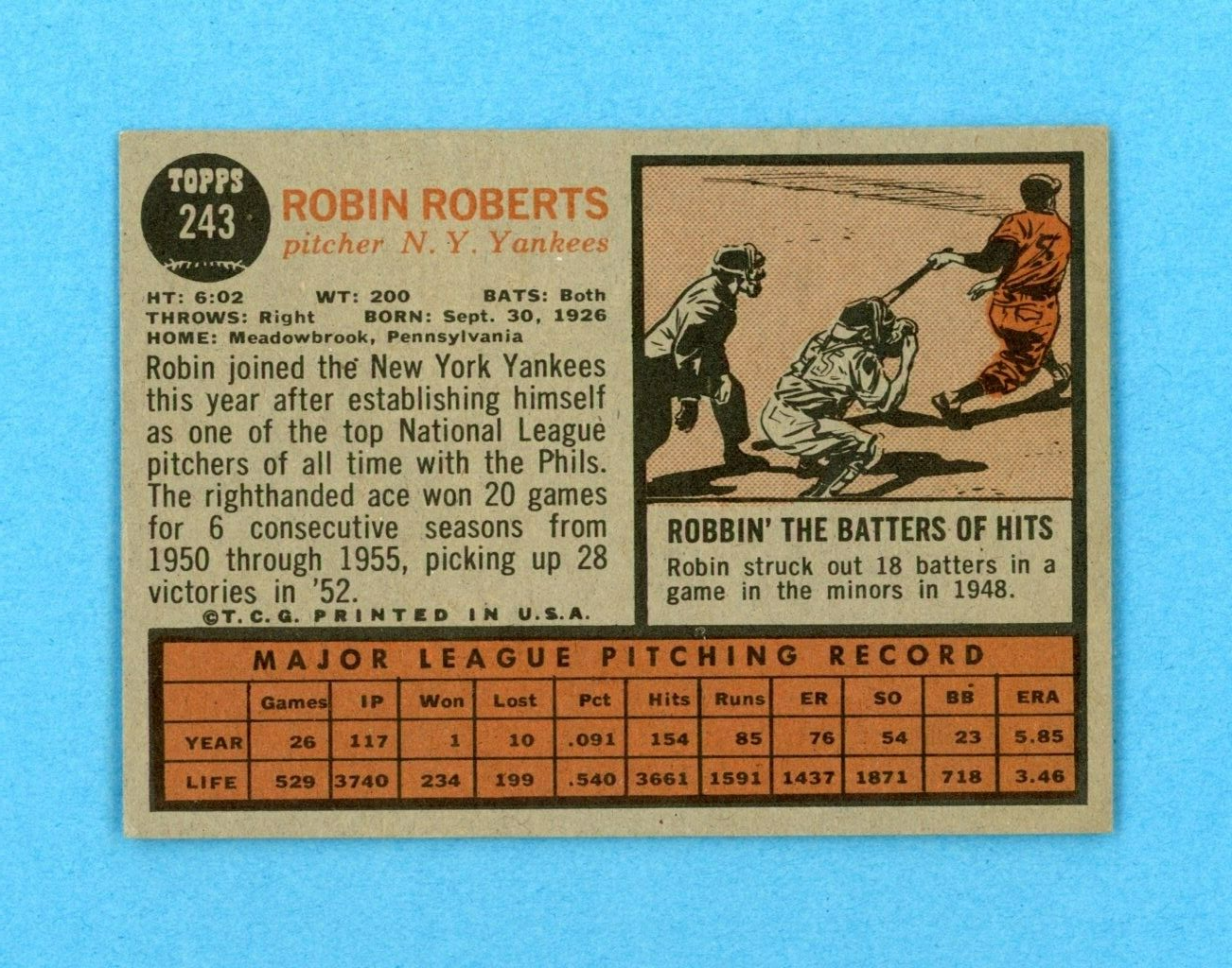 1962 Topps #243 Robin Roberts New York Yankees Baseball Card EX+ - Ex/Mt