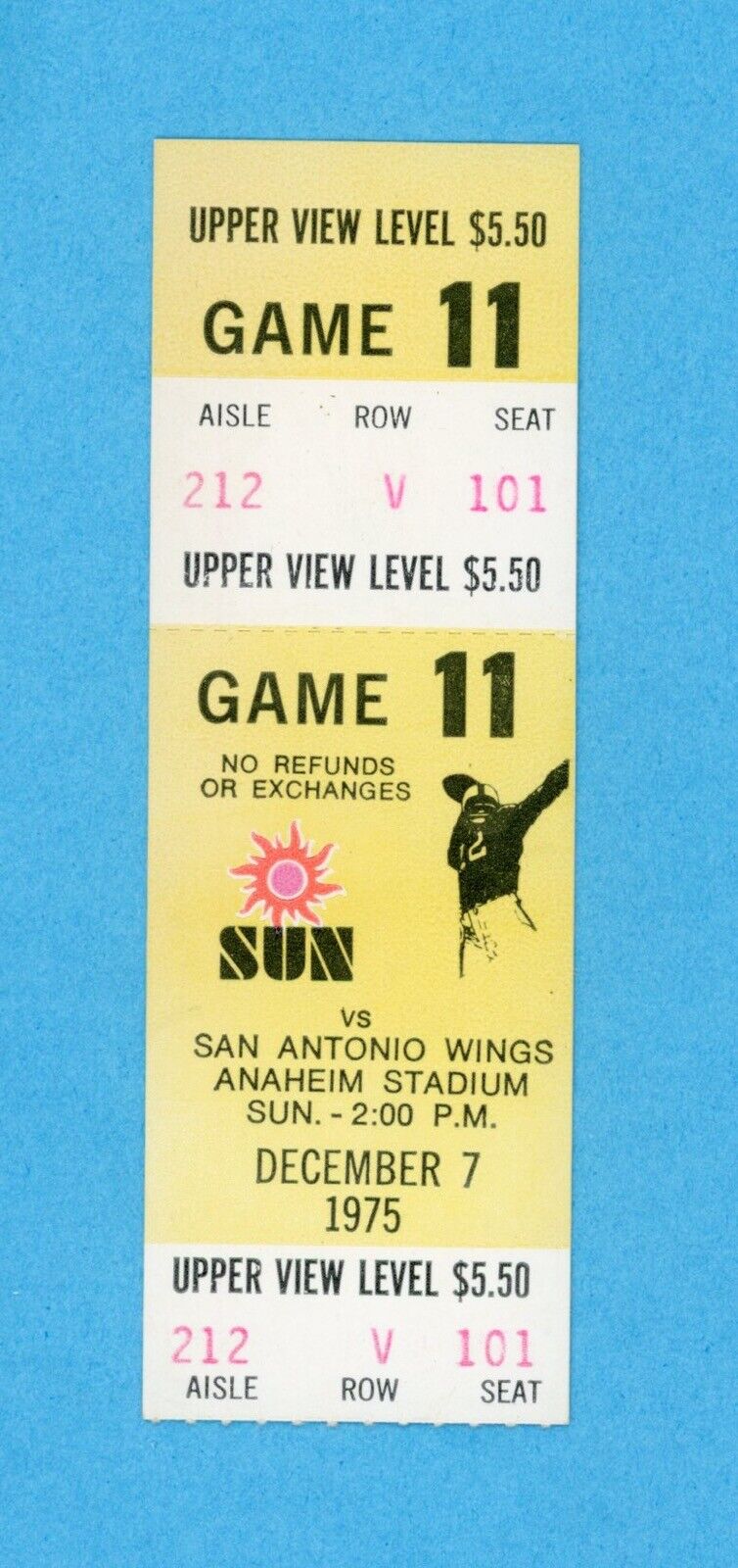 WFL 12/7/75 Southern California Sun vs San Antonio Wings Full Ticket