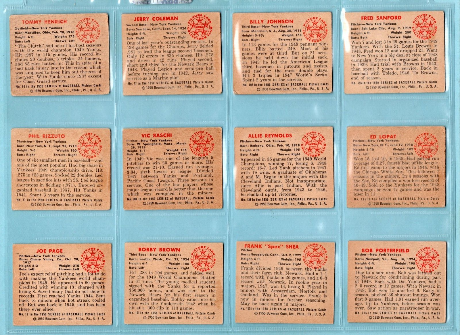 1950 Bowman Lot of 12 Different New York Yankees Baseball Cards LG - Ex/Mt