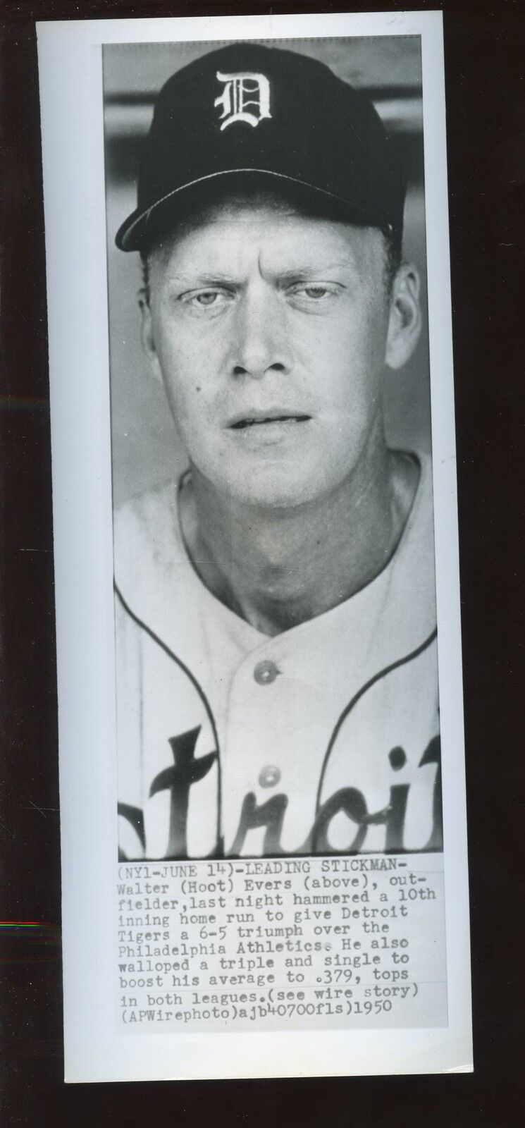 Original June 14th 1950 Hoot Evers Detroit Tigers Wire Photo