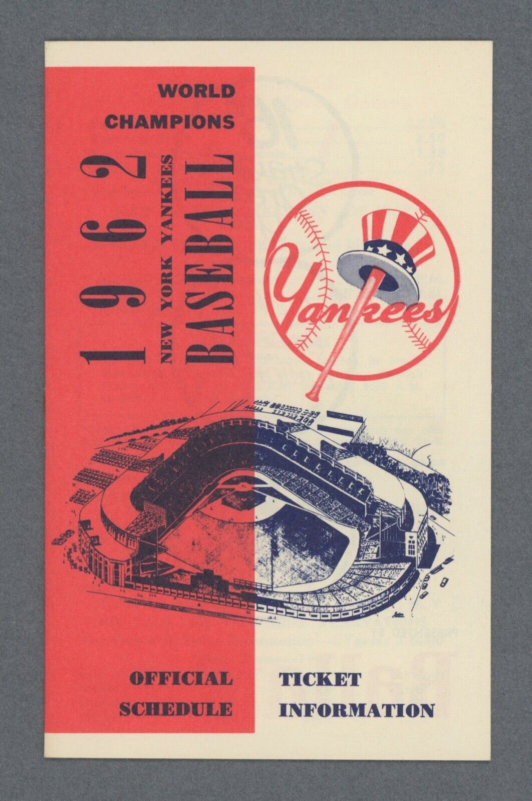 1962 World Champion NY Yankees Official Schedule 