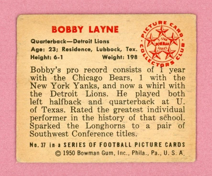 1950 Bowman #37 Bobby Layne Detroit Lions Football Card VG+