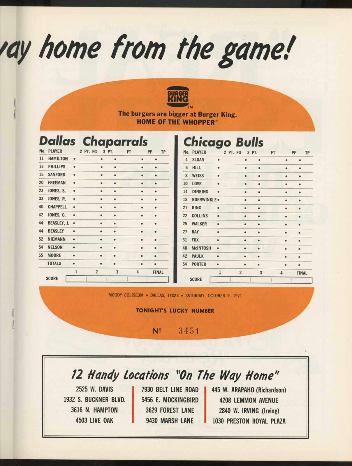 10/9/71 Chicago Bulls vs Dallas Chaparrals Pre-Season Program • Unscored