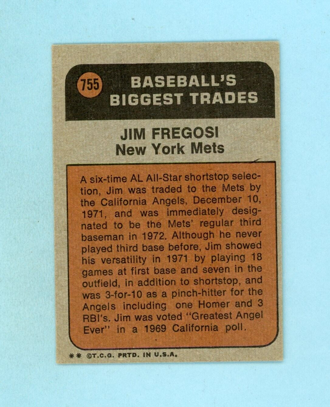 1972 Topps #755 Jim Fregosi Traded New York Mets High Number Baseball Card EX