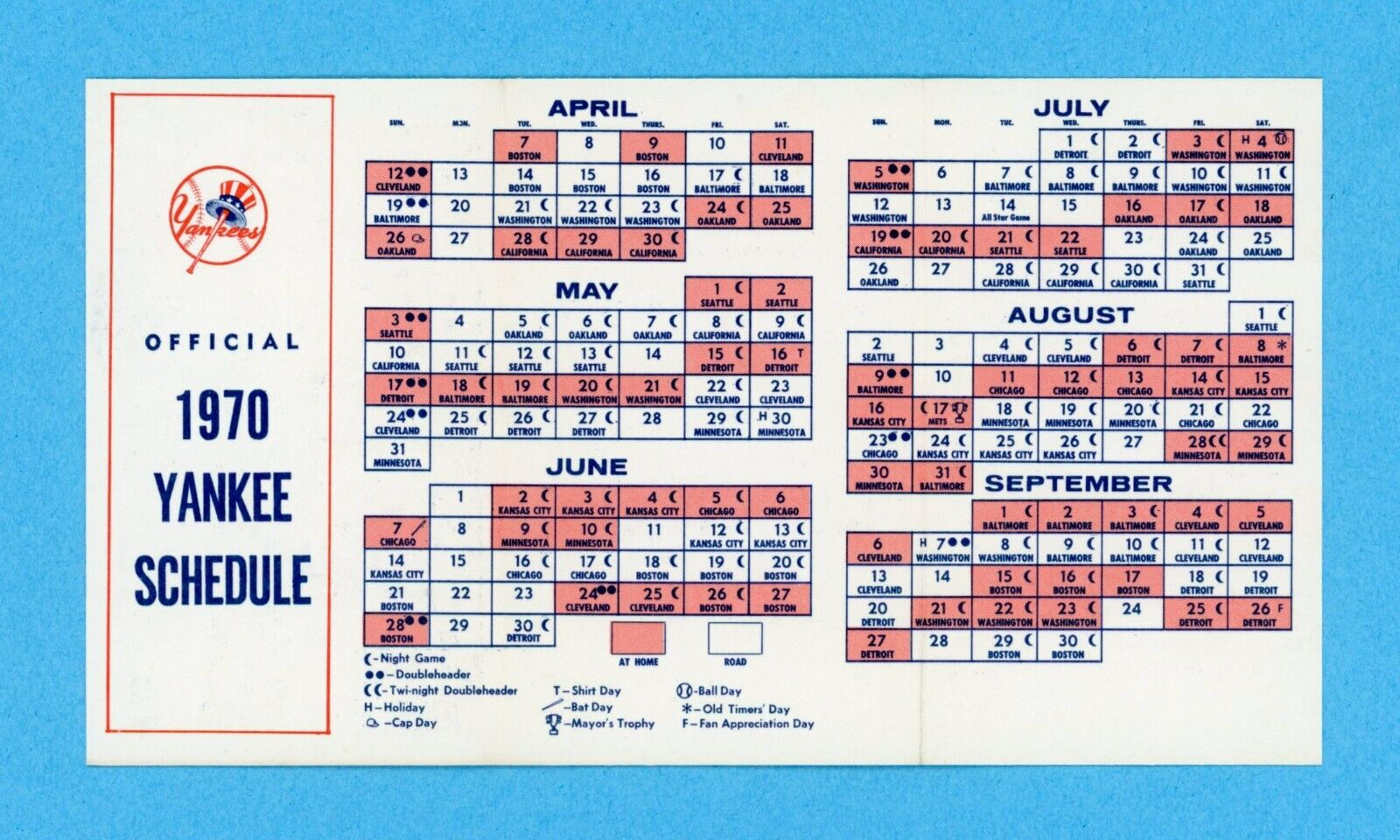 1970 New York Yankees Pocket Schedule