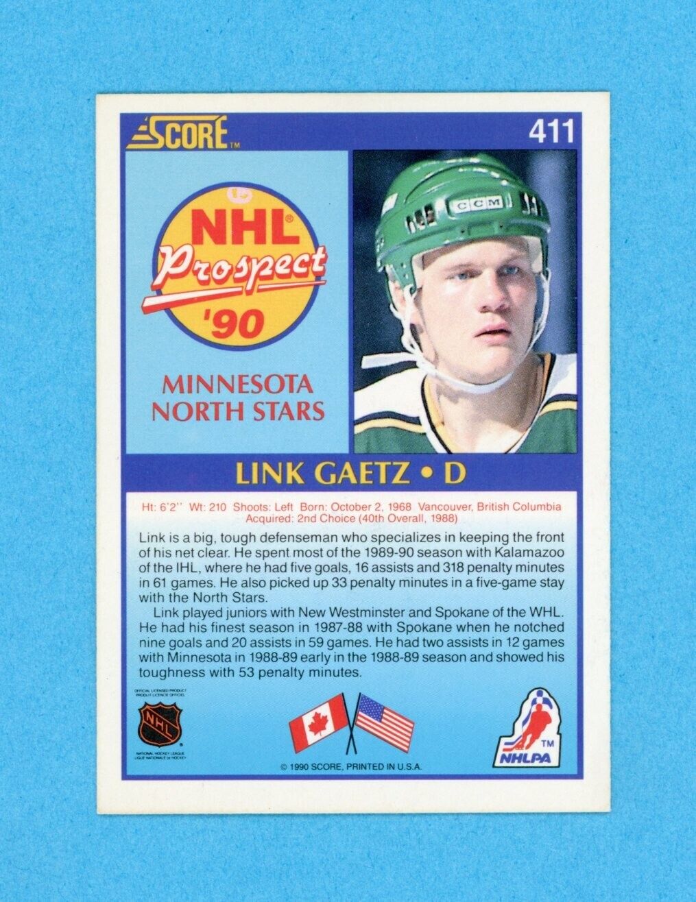 Link Gaetz Minn North Stars 1990-91 Score #411 Autographed Rookie Hockey Card