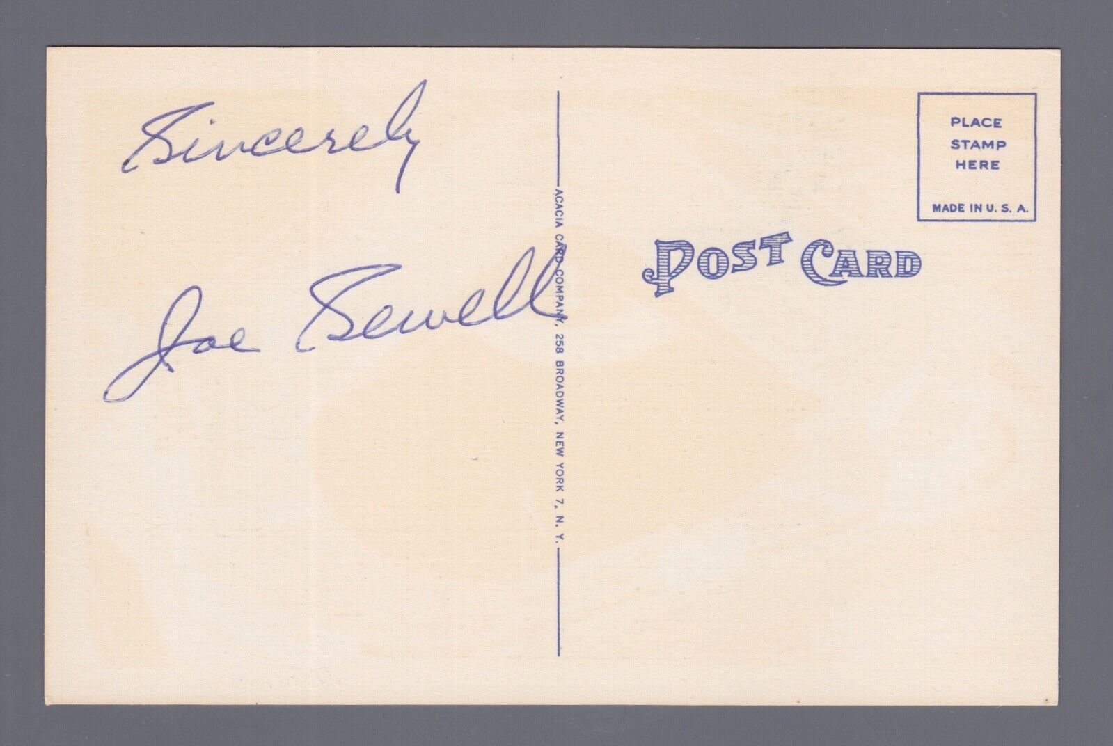 Joe Sewell HOF Signed Postcard with B&E Hologram #2