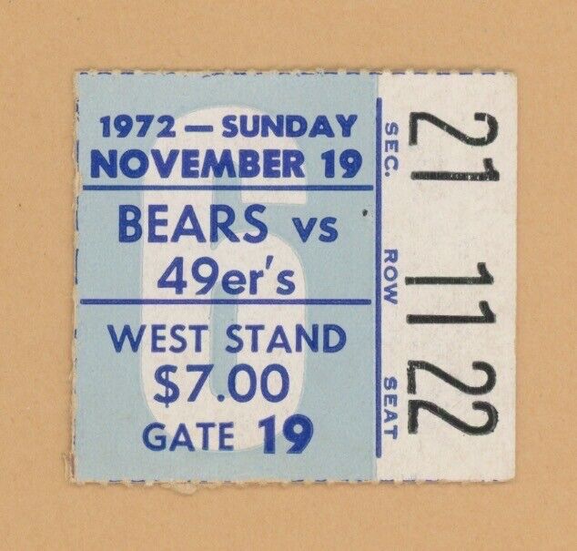 11/19/72 Chicago Bears vs San Francisco 49ers Ticket Stub