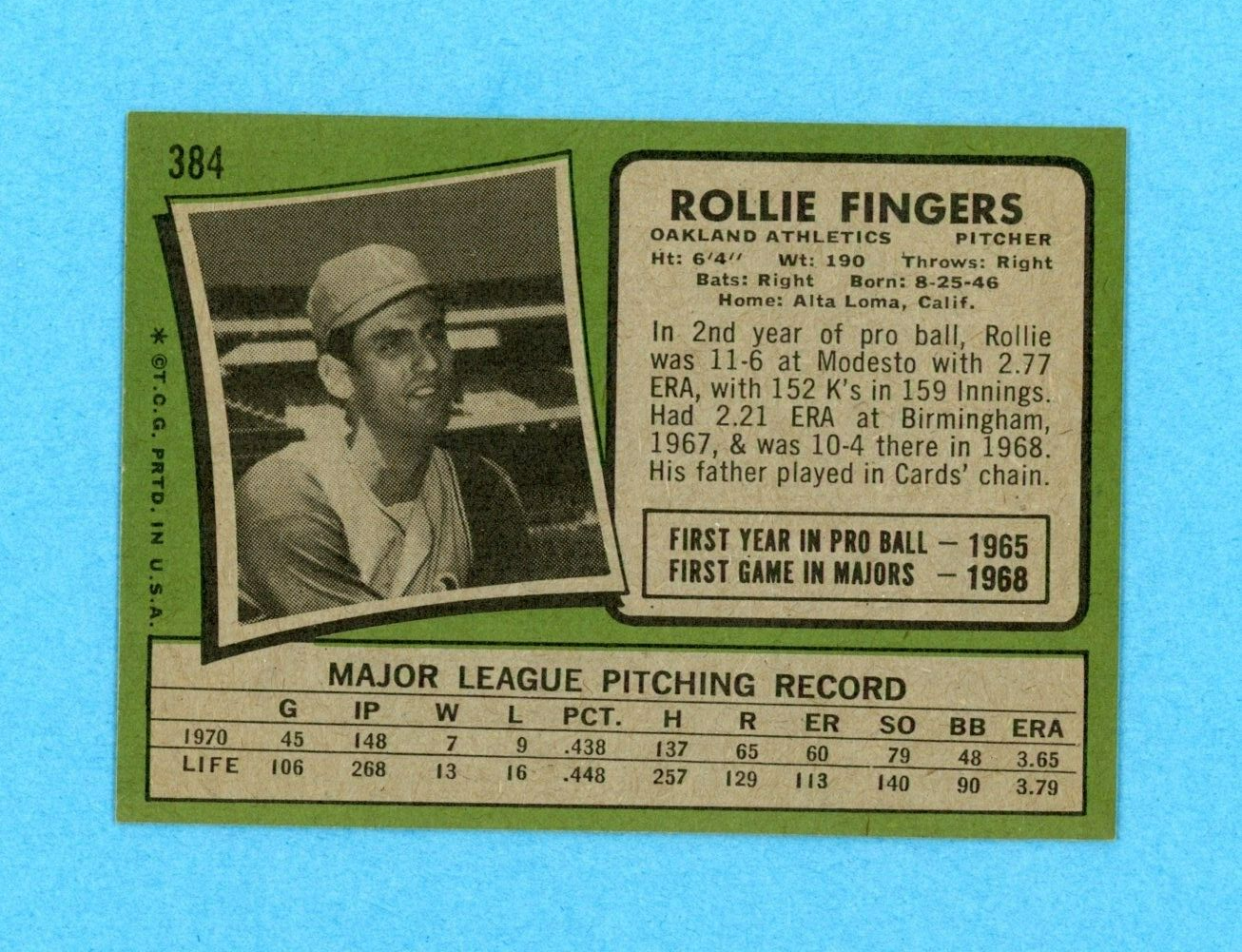 1971 Topps #384 Rollie Fingers Oakland Athletics Baseball Card Ex+ - Ex/Mt