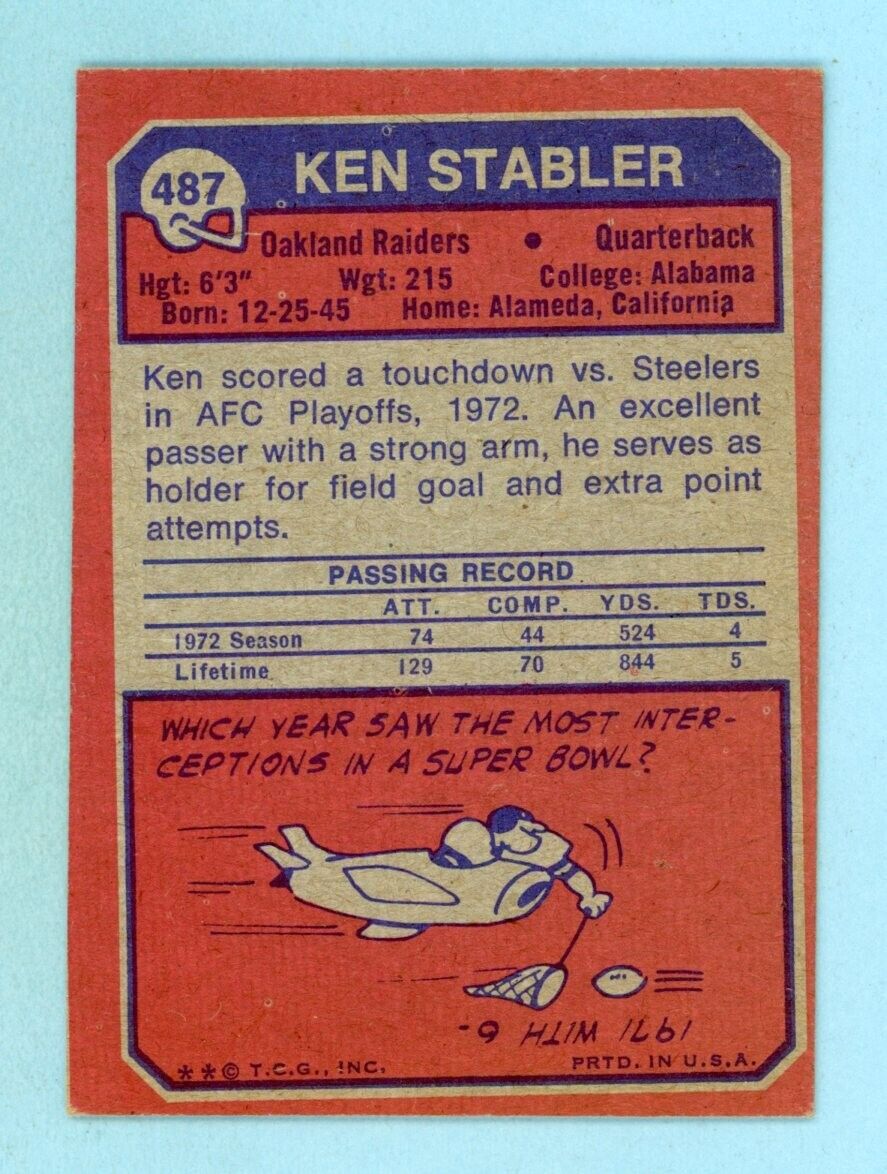 1973 Topps #487 Ken Stabler Oakland Raiders Rookie Football Card Ex/Mt dia shape