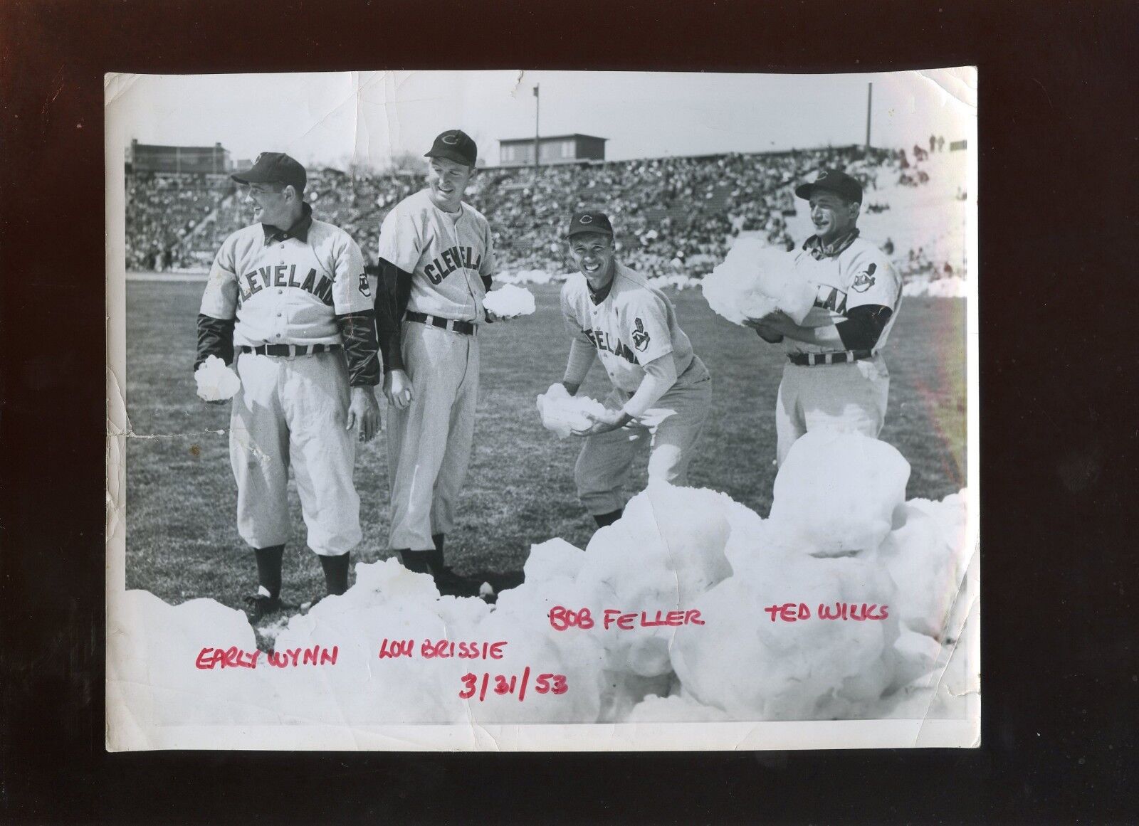 March 31 1953 Early Wynn & Bob Feller Cleveland Indians Snow 7 X 9 Wire Photo