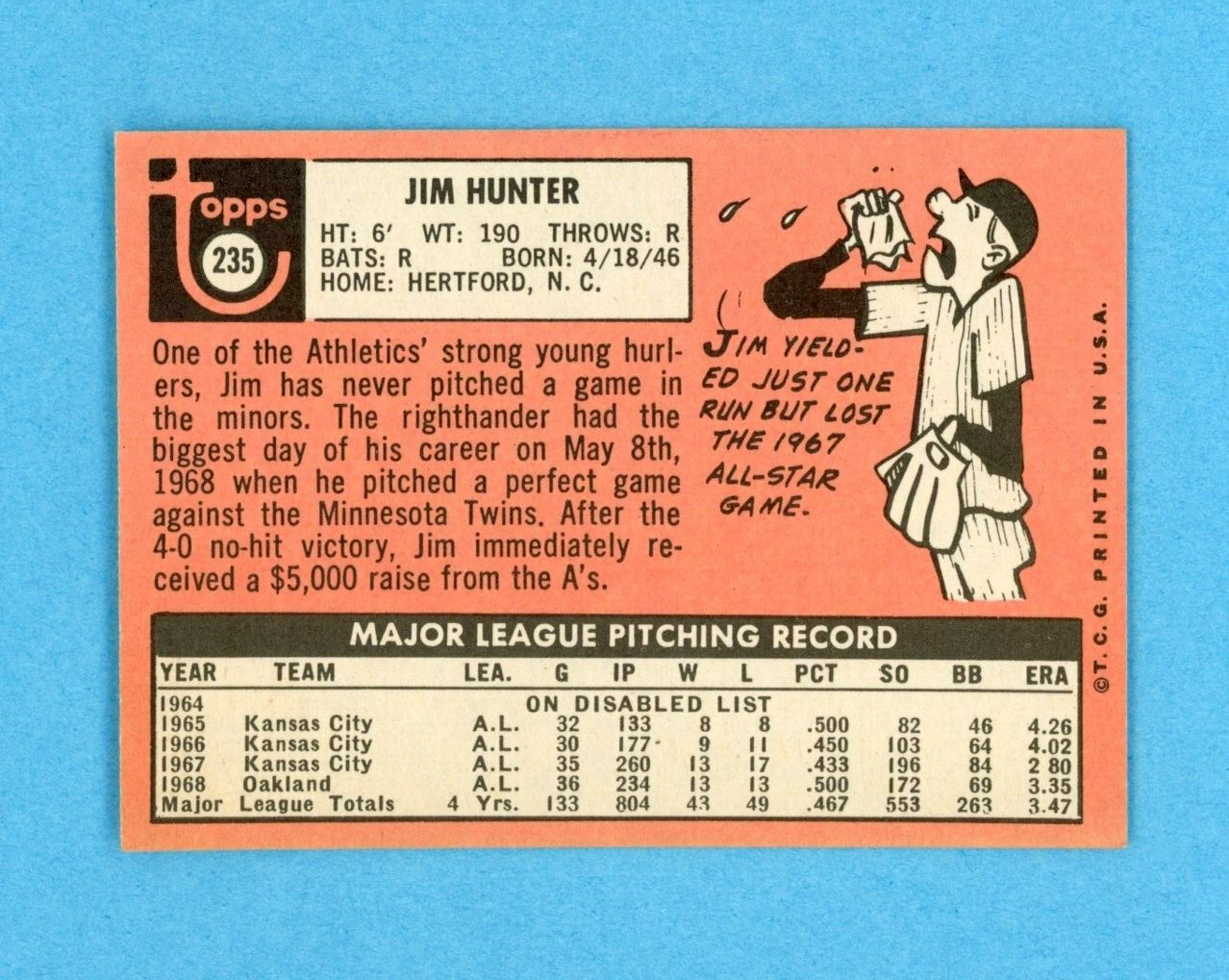 1969 Topps #235 Jim Catfish Hunter Oakland A's Baseball Card Ex/Mt