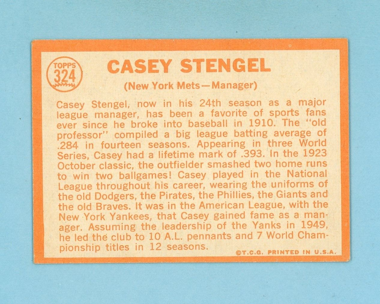 1964 Topps #324 Casey Stengel New York Mets Baseball Card EX - EX+