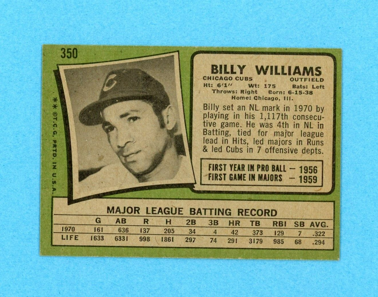 1971 Topps #350 Billy Williams Chicago Cubs Baseball Card EX+ - Ex/Mt o/c