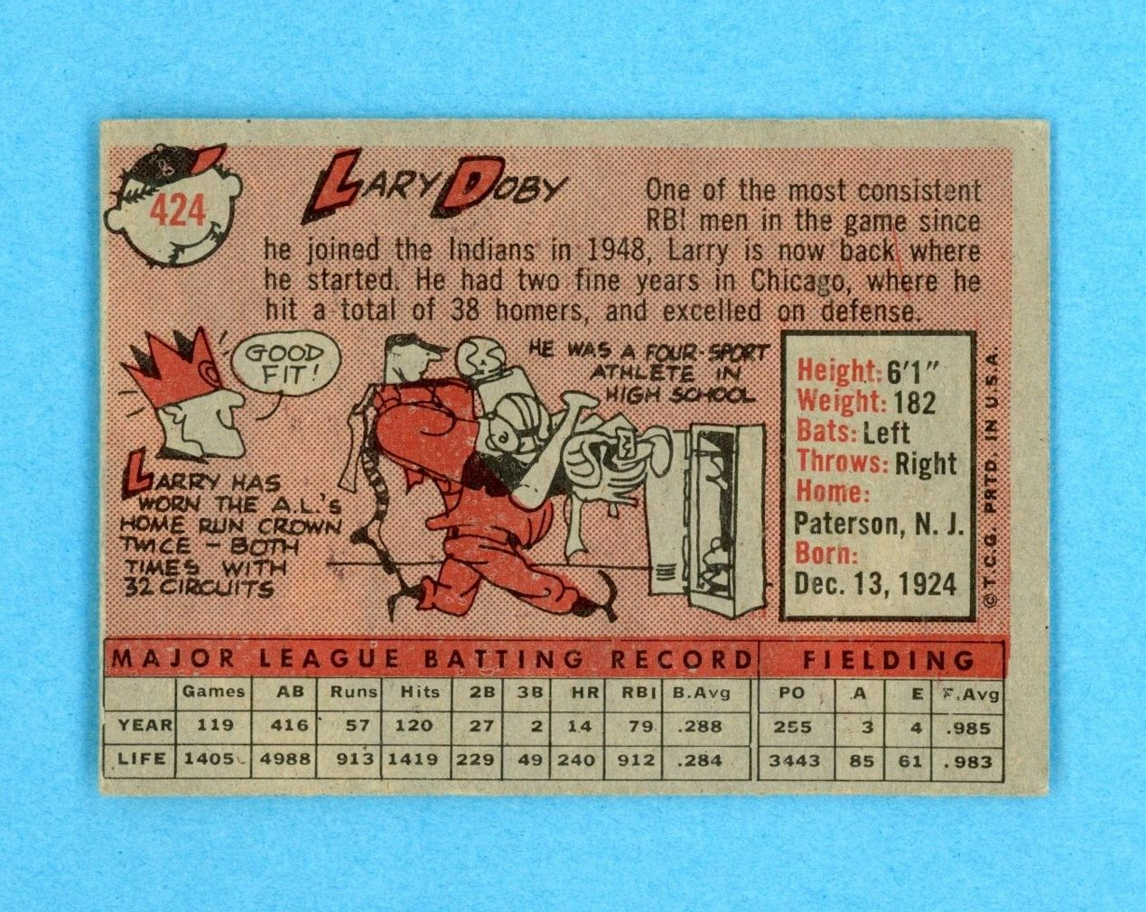 1958 Topps #424 Larry Doby Cleveland Indians Baseball Card EX vlw trc