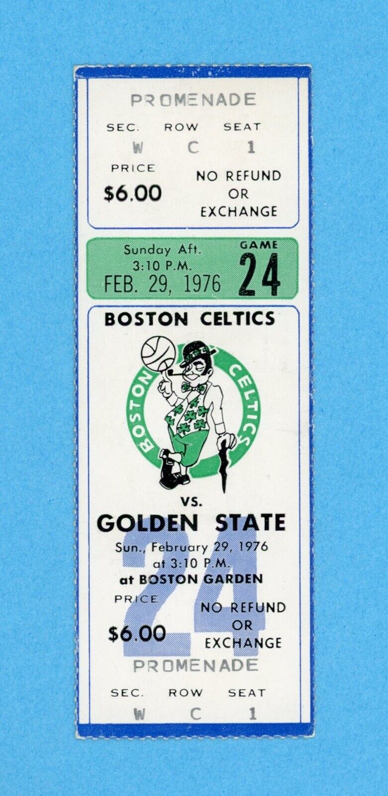 Boston Celtics Ticket Stub • February 29, 1976 vs Golden State