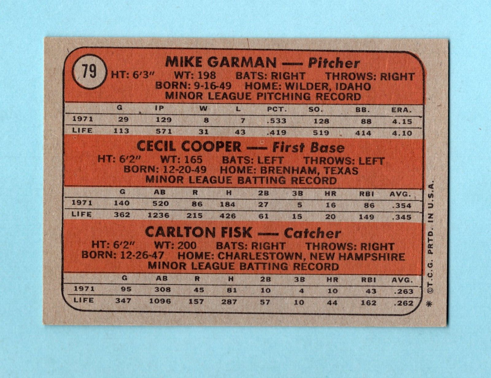 1972 Topps #79 Carlton Fisk & others Boston Red Sox Rookie Baseball Card Ex/Mt