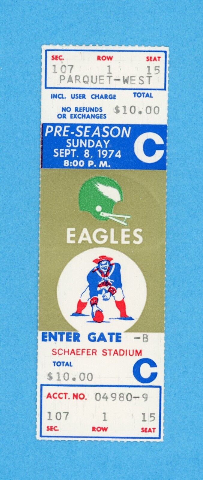 8/8/74 Philadelphia Eagles at New England Patriots Full Ticket