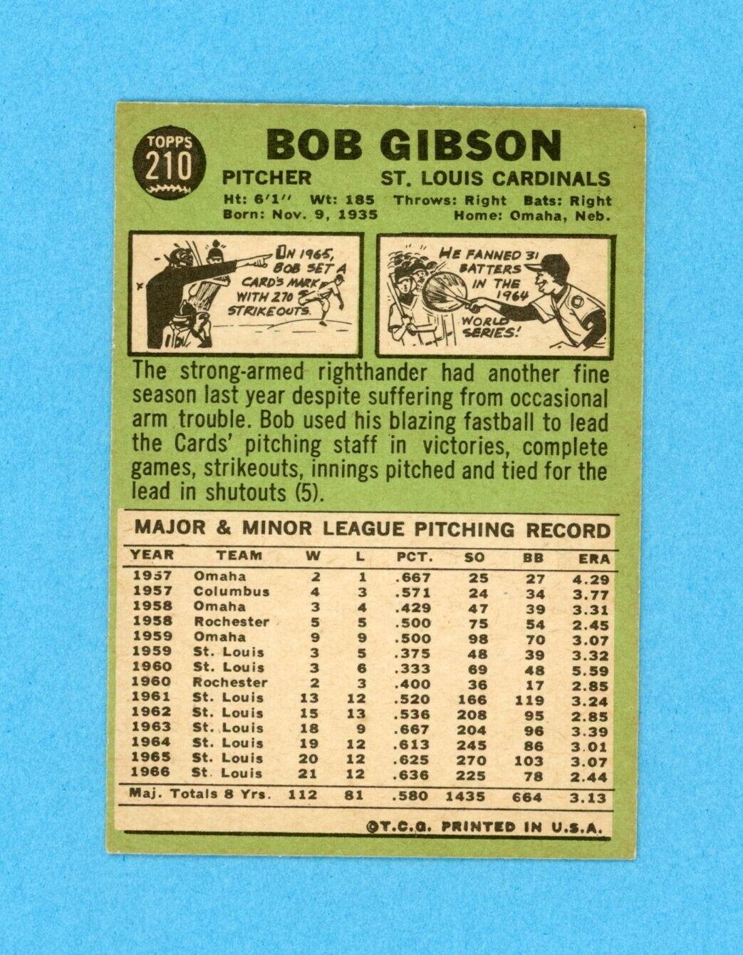 Bob Gibson Signed 1967 Topps Card #210 Auto with B&E Hologram