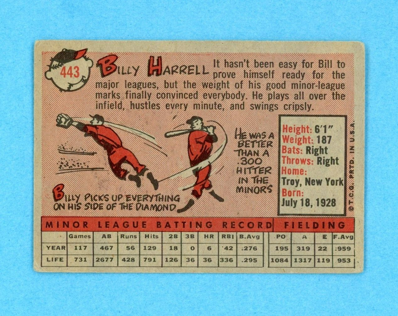 1958 Topps #443 Billy Harrell Cleveland Indians Baseball Card Vg/Vg+